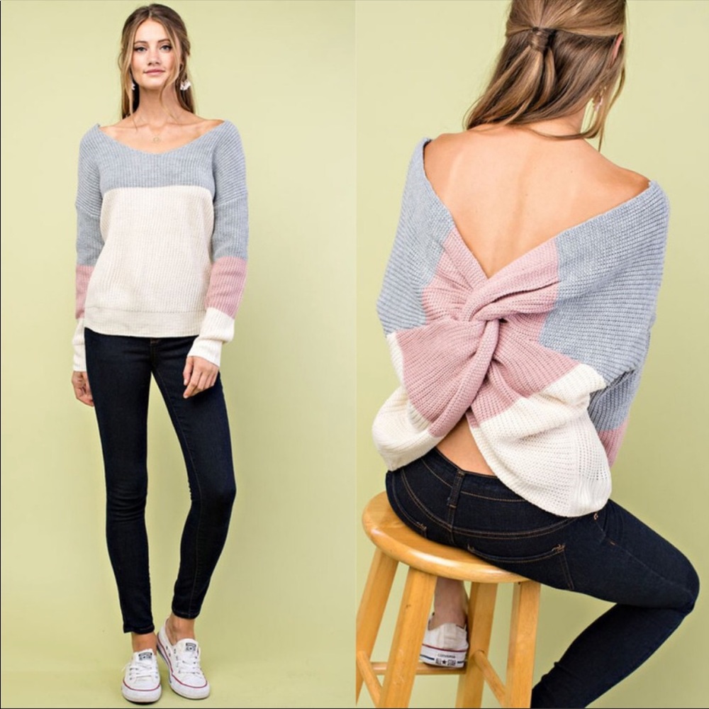 ❗️1 LEFT❗️Twisted Back Gray,White, Pink Sweater - Picture 3 of 3